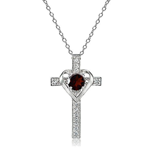 Product Cover Sterling Silver Genuine, Created or Simulated Gemstone Heart in Cross Necklace for Women Girls