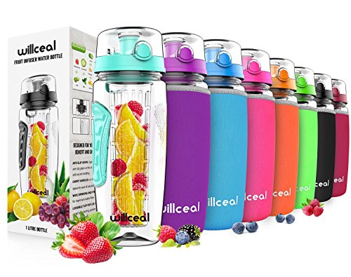 Product Cover willceal Fruit Infuser Water Bottle 32oz Durable, Large - BPA Free Tritan, Flip Lid, Leak Proof Design - Sports, Camping (Bright Teal)