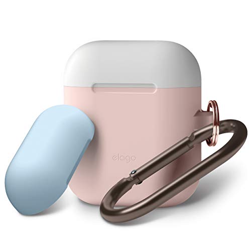 Product Cover elago AirPods Duo Hang Case [Body:Lovely Pink/TOP: White, Pastel Blue] - Compatible with Apple AirPods 1 & 2, Supports Wireless Charging, Carabiner Included, Front LED Not Visible