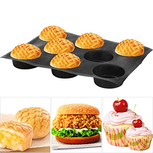 Product Cover Baker Boutique 8541890740, Black Silicone Bun Hamburger Non-stick Perforated Bakery Mold, Round Mould, Baking Liners Mat Bread Form Pan (8 Loaves, 17.1