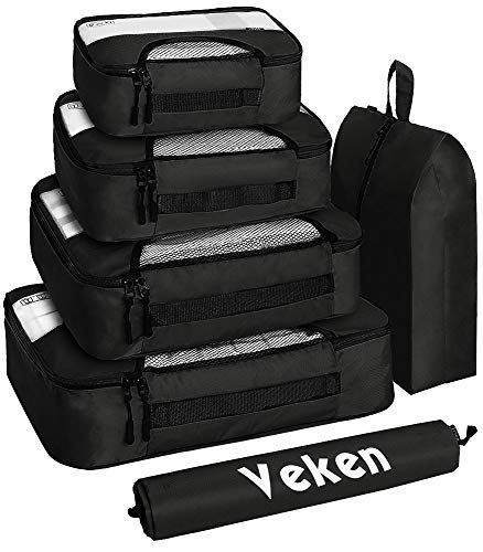 Product Cover Veken 6 Set Packing Cubes, Travel Luggage Organizers with Laundry Shoe Bag, Black, XL-Large, Large, Medium, Small