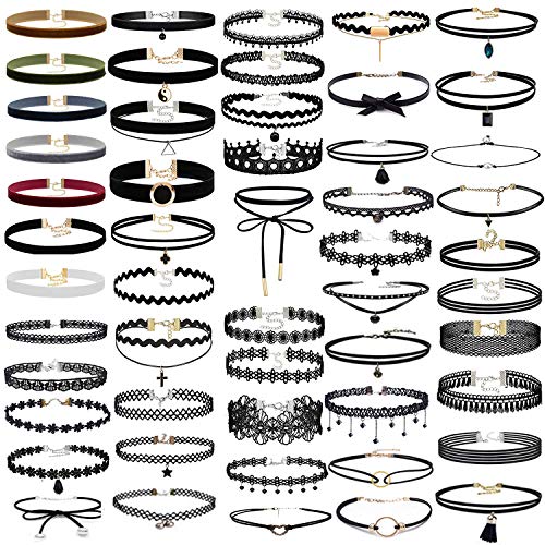 Product Cover 52 PCS Choker Necklace, K&Q Classic Stretch Colorful Gothic Collar Choker Necklace and Black Cute Lace Velvet Choker Necklace Set for Girls and Women