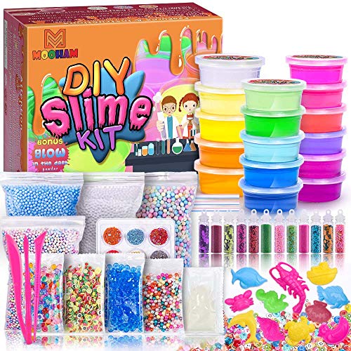 Product Cover MOOHAM DIY Slime Kit Supplies - Clear Crystal Slime Making Kit for Girls, Floam Slime for Kids, Slime Foam Beads, Glitter , Fruit Slices and Fishbowl Beads Included