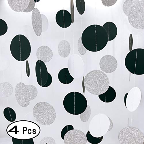 Product Cover Black White Hanging Paper Party Garlands Glitter Silver Circle Dots Baby Shower Birthday Ceiling Hangings Wedding Bridal Shower Halloween Party Decorations, 26ft