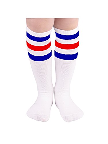 Product Cover Zando Children Athletic Knee High Tube Socks Cosplay Socks for Kids Boys Girls B White w Blue w Red One Size for 3-5T