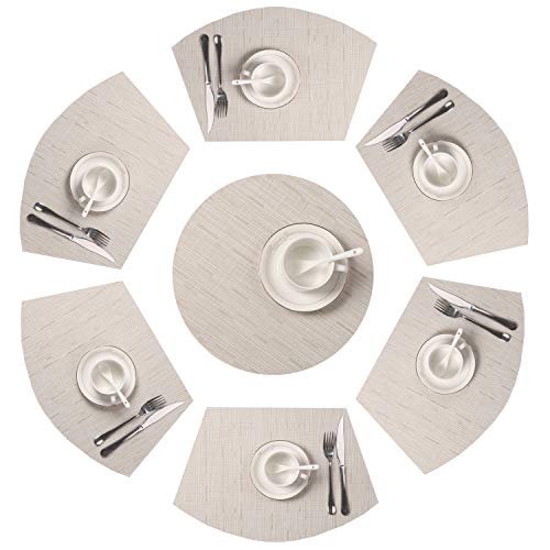 Product Cover SHACOS Round Table Placemats Set of 7 Wedge Shaped Place Mat with Centerpiece Round Mat Heat Resistant Table Mats Washable (7, Beige)