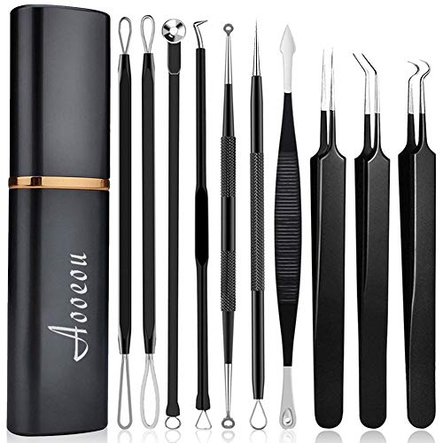Product Cover pimple popper tool- Aooeou 10 Pcs Professional Pimple Comedone Extractor Tool Acne Removal Kit -Treatment for Pimples, Blackheads, Blemish, Zit Removing, Forehead and Nose