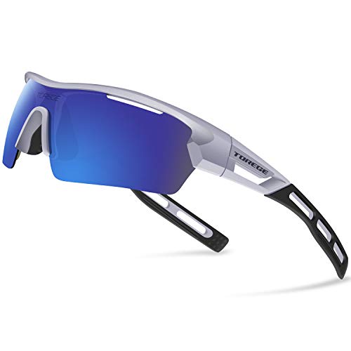 Product Cover TOREGE Polarized Sports Sunglasses for Men Women Cycling Running Driving TR033 (Sliver&Black&Blue)