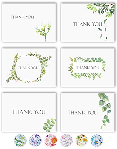 Product Cover Thank You Cards - 36 Watercolor Floral Thank You Notes Box Set with 40 White Envelopes and Bonus Stikers - Blank Inside - Perfect for Wedding, Baby and Bridal Shower, Business - 4 x 6 Size - Bulk Pack