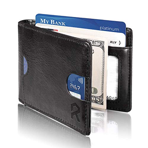 Product Cover REYLEO Bifold Wallets Valentine's Day Gifts Front Pocket Minimalist Leather Slim Wallet RFID Blocking Genuine Leather Wallets Card Case with Money Clip Black