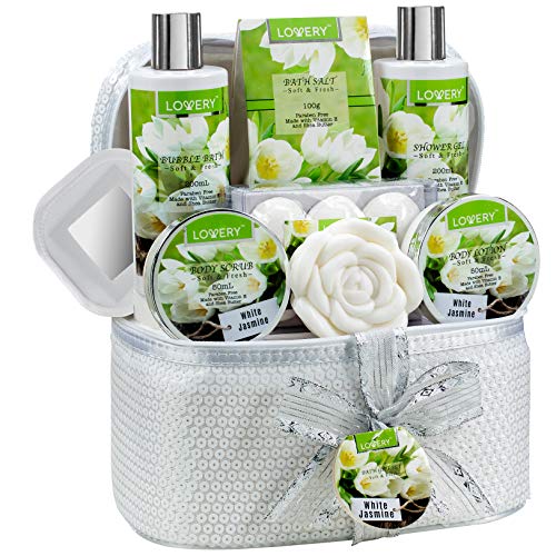 Product Cover Bath and Body Gift Basket For Women & Men - 14 Piece Set in White Jasmine Scent - Home Spa Set with 6 Bath Bombs, Body Lotion, Rose Soaps, Hand Crafted White Sequined Cosmetics Bag and More