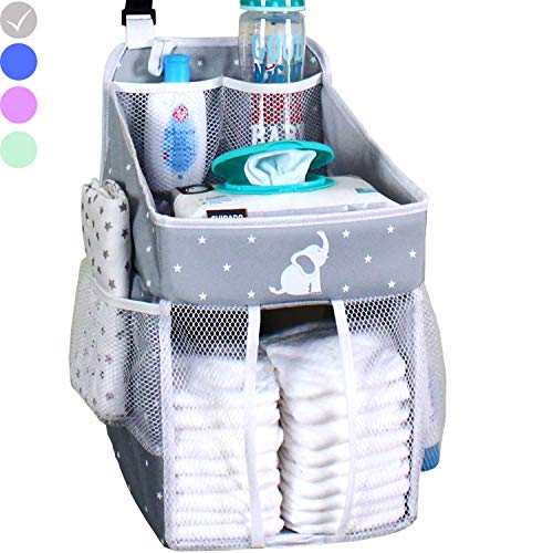Product Cover Hanging Diaper Caddy - Crib Diaper Organizer - Diaper Stacker for Crib, Playard or Wall - Newborn Boy and Girl Diaper Holder for Changing Table - Baby Shower Gifts- Elephant Gray - 17x9x9 inches