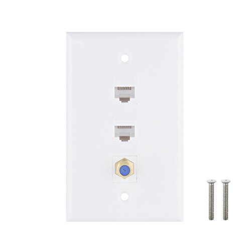 Product Cover Ethernet Coax Wall Plate, 2 Port Cat6 Keystone Female to Female, 1 Port F Type Connector Coax Keystone Female to Female Wall Plate - White