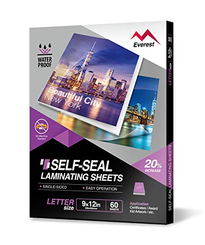 Product Cover Everest Self Adhesive Laminating Sheets, Single Sided, Waterproof, Removable Adhesive Within 24 Hours, 9 x 12 Inches, 60 Clear Self Seal Laminating Sheets, Letter Size