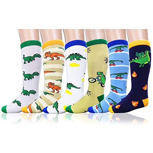 Product Cover Deer Mum Boy's Cartoon Dinosaur Pattern Crazy Knee High Socks (6 Pairs) (Large, dinosaur2)