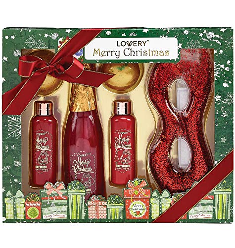 Product Cover Bath and Body Christmas Gift Box For Women - Red Rose and Jasmine Home Spa Set, Includes Reusable Red Glitter Gel Eye Mask, Fragrant Bubble Bath, 2 X Oversized Gold Bath Bombs and More