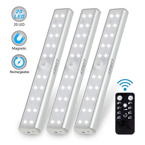 Product Cover LUNSY Rechargeable Under Cabinet Lighting 20LED, Under Closet Counter Shelf Lights with Remote Control, Stick-On Anywhere Portable Wireless Magnet Bar for Kitchen, Wardrobe, Garage(Silver) - 3Pack