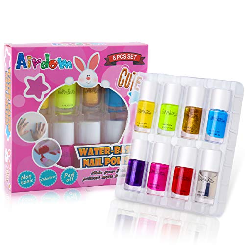 Product Cover Airdom Kids Nail Polish Set- Non-Toxic Water-Based Odorless Peel Off Natural Safe Nail Polish Set Quick Dry Nail Polish Gifts Toys Kit for Girls Kids Toddlers (7 Color + 1 top&Base Coat)