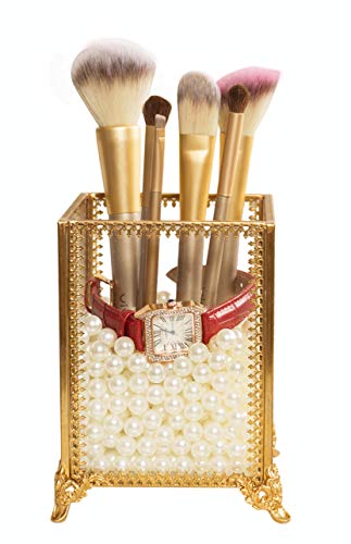 Product Cover Champagne Gold Cosmetic Brush Holder Makeup Organizer Vintage Brass Edge Makeup Brushes Storage Organizer Makeup Decoration Jewelry Box Make up Brushes Holder with Free White Pearls