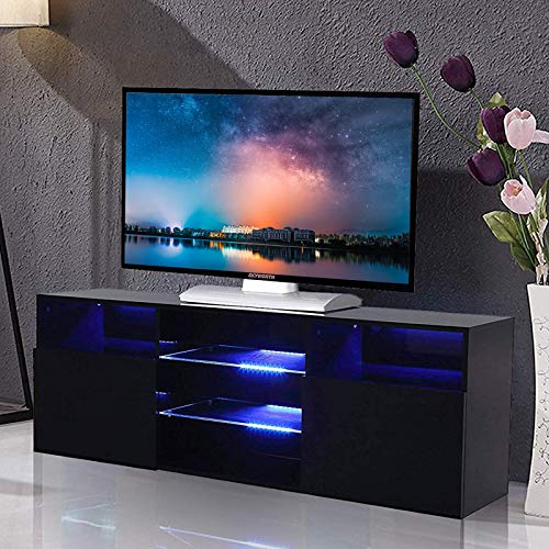 Product Cover Mecor Black TV Stand with LED Lights Modern High Gloss TV Stand for 60 Inch TV LED TV Stand with 3 Layers, 2 Doors and Open Shelf