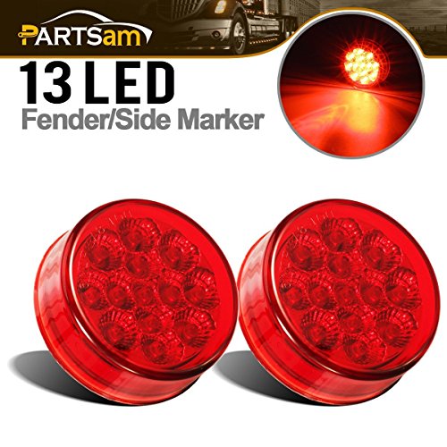 Product Cover Partsam 2Pcs 2.5 Round Trailer Led Side Marker Lights Red 13 Diodes with Reflectors Submersible 12V Sealed Trucks Lamps, 2.5 Round Led Marker Lights Cab Sleeper Panel Lights