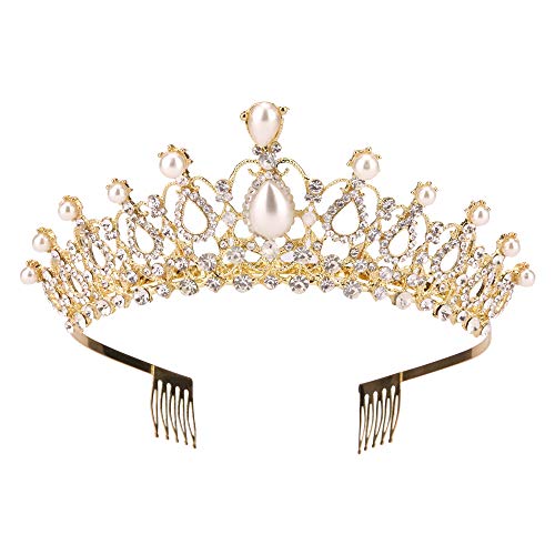 Product Cover Sppry Women Tiara with Comb - Pearl Crystal Crown for Bridal Queen Princess Girls at Wedding Birthday Pageant (Gold)