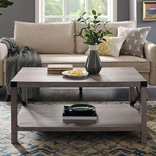 Product Cover Walker Edison Furniture Company Rustic Modern Farmhouse Metal and Wood Rectangle Accent Coffee Table Living Room Ottoman Storage Shelf, Gray Wash