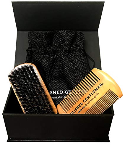 Product Cover Beard Brush and Comb Set for Men - Natural Boar Bristle Brush and Durable Wooden Comb Grooming Kit - Maintains Soft, Shiny and Smooth Facial Hair - Mustache Straightening and Shaping Tools
