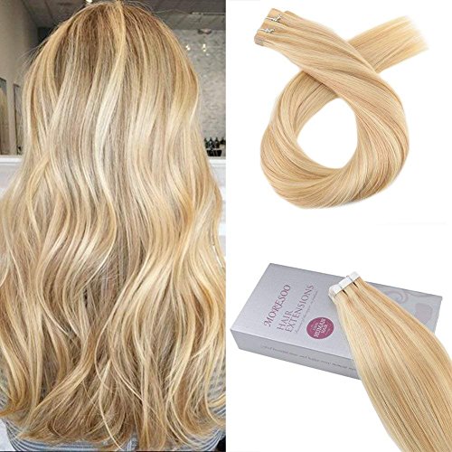 Product Cover Moresoo 14 Inch Tape in Highlighted Hair Extensions Human Hair Color #16 Golden Blonde Highlighted #22 Blonde 50g Remy Human Hair Extensions Tape in 20PCS Per Package