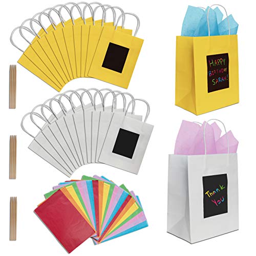 Product Cover 24 Gift Bags with Scratch Paper Panel for Customisation + 24 Pieces of Tissue Paper! 12 White + 12 Yellow Bulk Paper Bags with Handles | Unique Small Gift Bags for Birthday, Christmas or Any Occasion