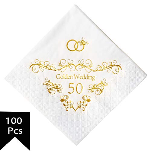 Product Cover Crisky 50th Wedding Anniversaray Napkins Golden Cocktail Beverage Napkins, 50th Wedding Anniversary Decorations for Candy Cake Table, 100 Pcs, 3-ply