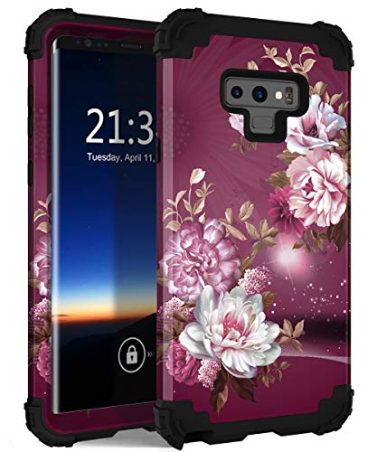 Product Cover Galaxy Note 9 Case, Hocase Shockproof Heavy Duty Protection Hard Plastic Cover+Silicone Rubber Dual Layer Protective Phone Case for Samsung Galaxy Note 9 (2018) SM-N960 - Burgundy Flowers