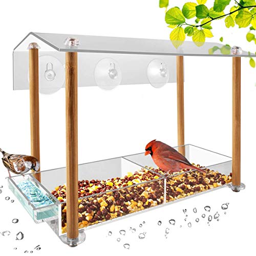 Product Cover Bird Feeder, Strong Large Size with Suction Cups & Seed Tray, Separate Drinking-Water Sink & Wood Pillar Support, Weatherproof with Shield roof & Drain Hole, Outdoor Acrylic Bird House (12 inch) ...