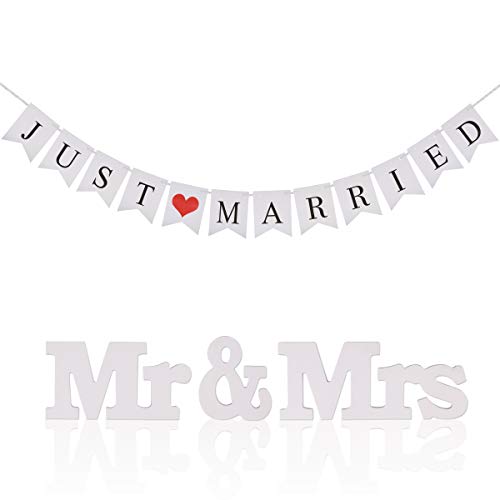Product Cover Just Married Wedding Banner KAKOO Bunting Banners Pennant Vintage Hanging Garland Decoration with Mr Mrs Signs Letters for Reception Bridal Shower and Engagement Photo Garden Outdoor