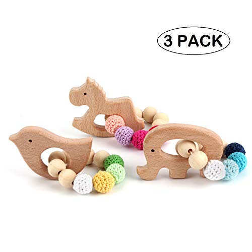 Product Cover 3 Pack Beech Wooden Teethers Natural Baby Teething Toys, Wood Baby Toys, DIY Soothing Pacifier Charms, Chewable Toy Baby Teething Gift Baby Jewelry of Elephant,Bird,Cockhorse