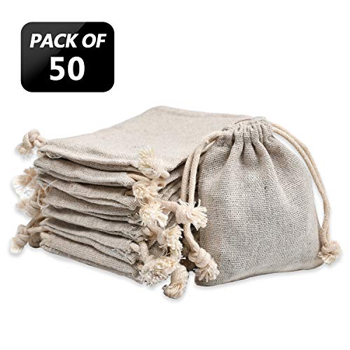 Product Cover calary 50pcs Double Canvas Drawstring Bag Cotton Pouch Gift Sachet Bags Muslin Bag Reusable Tea Bag 2.75x4 Inch