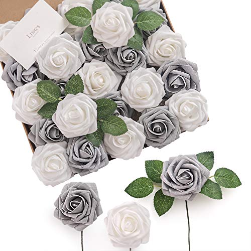 Product Cover Ling's moment Artificial Flowers Roses 25pcs Real Looking Shimmer Silver Grey Fake Roses w/Stem for DIY Christmas Tree Xmas Wedding Party Centerpieces Arrangements Party Decor