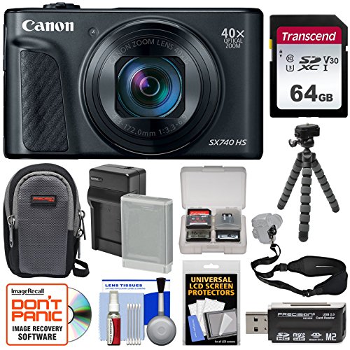Product Cover Canon PowerShot SX740 HS Wi-Fi 4K Digital Camera (Black) with 64GB Card + Battery & Charger + Case + Tripod + Strap Kit