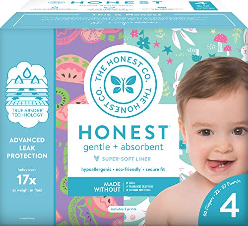 Product Cover The Honest Company Club Box - Size 4 - Bunnies & Sliced Fruit Print with TrueAbsorb Technology | Plant-Derived Materials | Hypoallergenic | 60 Count