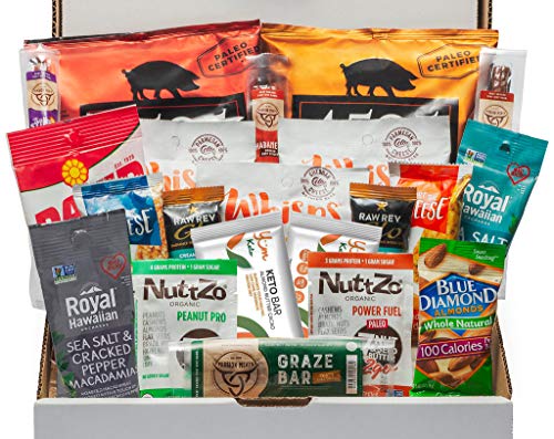 Product Cover Keto Snack Box (20 Count) - Ultra Low Carb Snacks, Ketogenic Friendly, Gluten Free, Low Sugar - Healthy Keto Gift Box Variety Pack - Protein Bars, Pork Rinds, Cheese Crisps, Nuts, Jerky