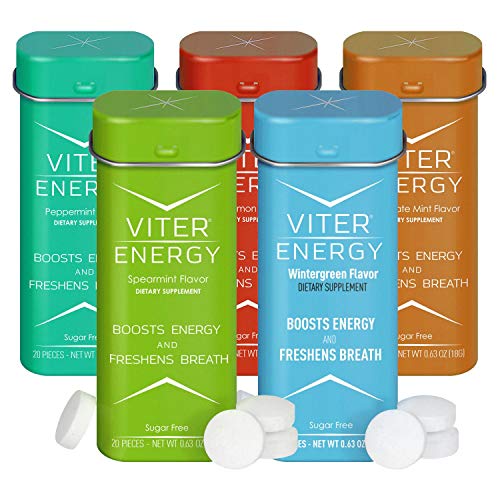 Product Cover Viter Energy Caffeinated Mints - 5 Flavor Variety Pack Wintergreen, Spearmint, Cinnamon, Peppermint, Chocolate Mint. Caffeine Mints for Energy, Focus & Fresh Breath. 40mg Caffeine & B-Vitamins
