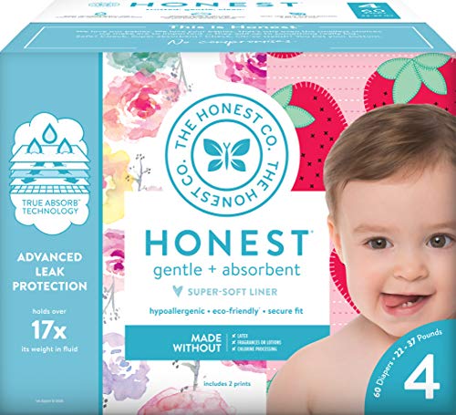 Product Cover The Honest Company Club Box - Size 4 - Rose Blossom & Strawberries Print with TrueAbsorb Technology | Plant-Derived Materials | Hypoallergenic | 60 Count
