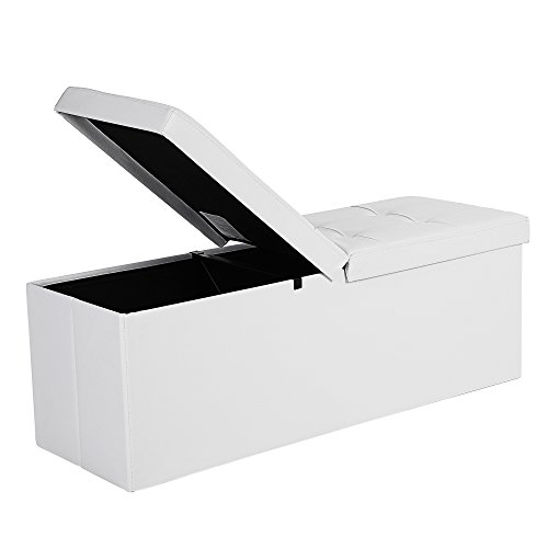 Product Cover SONGMICS 43 Inches Folding Storage Ottoman Bench with Flipping Lid, Storage Chest Footrest Padded Seat with Iron Frame Support, White ULSF75WT