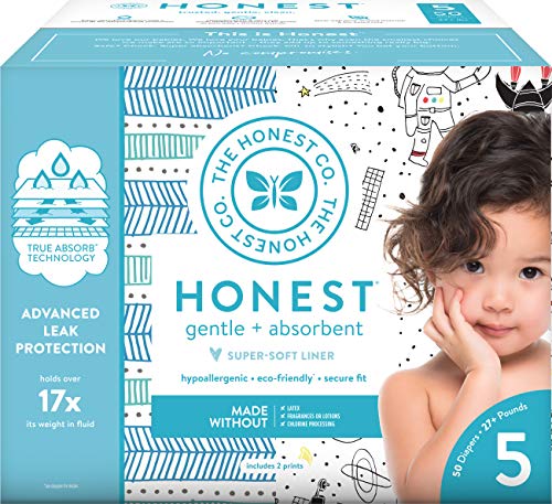 Product Cover The Honest Company Club Box Diapers with TrueAbsorb Technology, Teal Tribal & Space Travel, Size 5, 50 Count