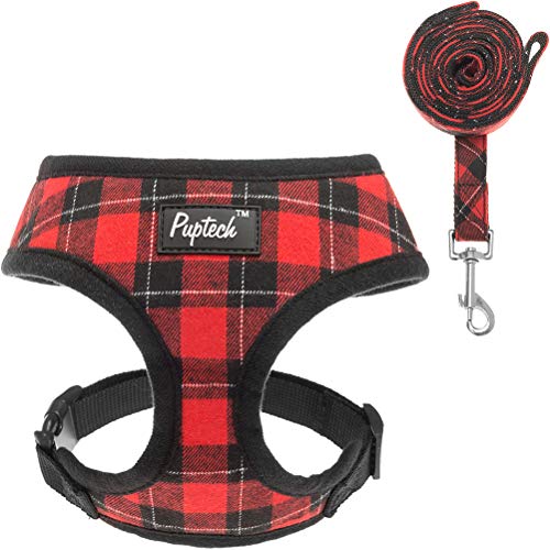 Product Cover PUPTECK Soft Mesh Dog Harness with Leash - Plaid Adjustable Puppy No Pull Harnesses - Pet Padded Walking Vest Red Medium