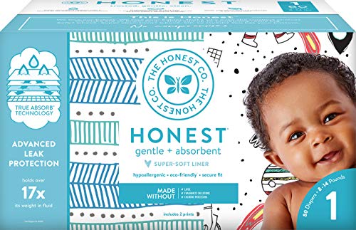 Product Cover The Honest Company Club Box Diapers with TrueAbsorb Technology, Teal Tribal & Space Travel, Size 1, 80 Count