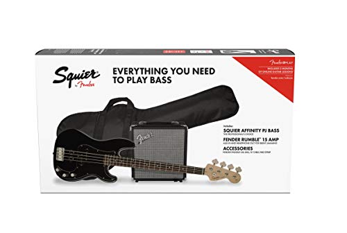 Product Cover Squier by Fender Affinity Series Precision Bass PJ Beginner Pack, Laurel Fingerboard, Black, with Gig Bag, Rumble 15 Amp, Strap, Cable, and Fender Play