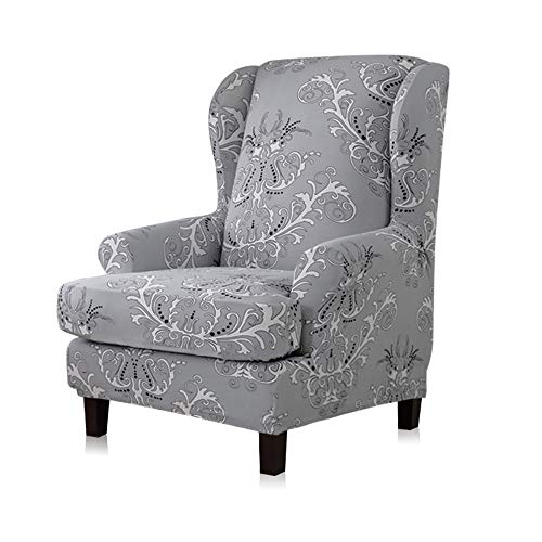 Product Cover TIKAMI Wing Chair Slipcovers 2-Piece Spandex Stretch Sofa Covers with Arms Printing Pattern Fabric Furniture Protector(Gray Pattern)