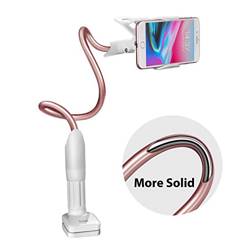 Product Cover Gooseneck Cell Phone Stand, SAIJI Universal Clamp Lazy Mount Clip Hands Free Flexible Long Arm Bracket Grip for 4.0-6.3 Phones Mobile Stand Baby Monitor for Desk, Bed, Office, Kitchen (Rose Gold)