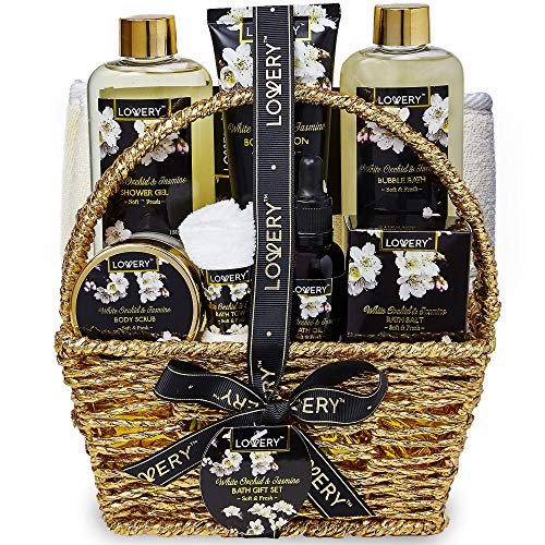 Product Cover Bath and Body Gift Basket for Women and Men - Orchid and Jasmine Home Spa Set With Body Scrubs, Lotions, Oils, Gels and More - 9 Piece Set